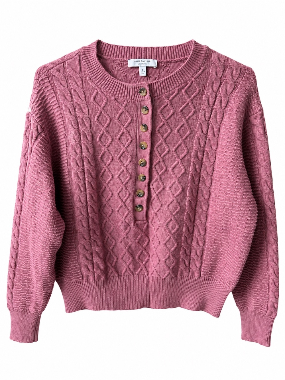 Ann Taylor Rose Cable-Knit Henley Sweater